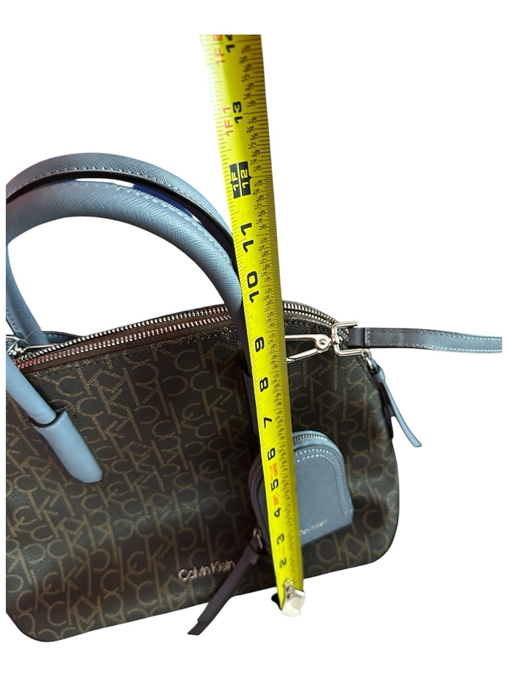 Calvin Klein Hudson Signature Monogram Top-Zip Domed Satchel Bag - Brown/Blue - Picture 5 of 10